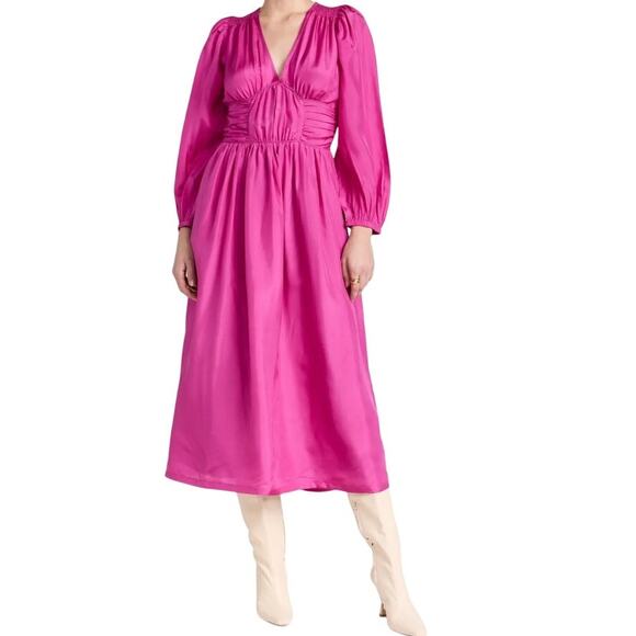 Sea New York Fabiola Solid Habotai Silk V Neck Midi Dress Pink